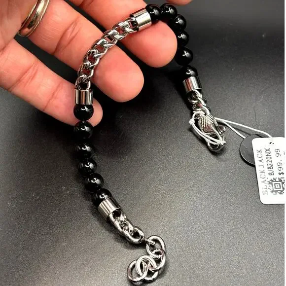 Blackjack BJB220NX Mens Genuine Onyx Bead & Stainless Steel Franco Bracelet NWT